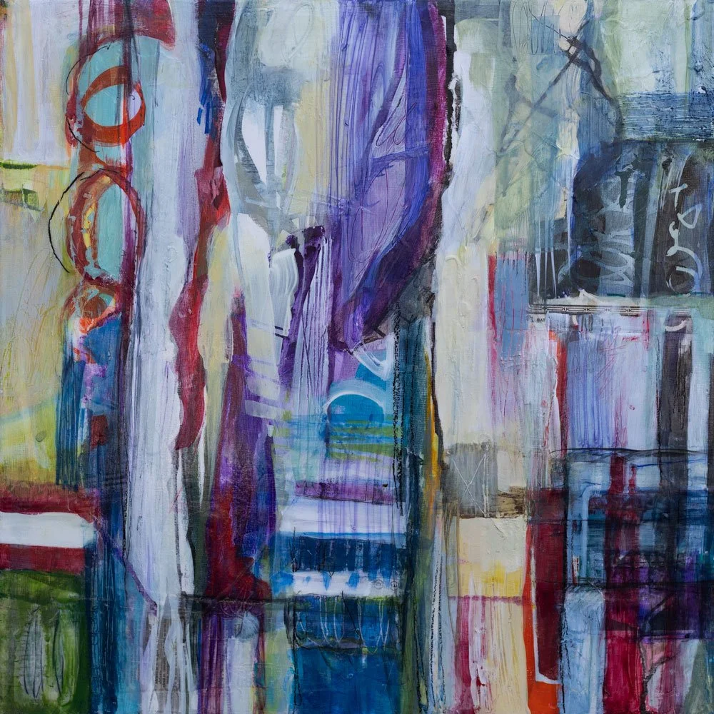 "Raven," Acrylic, beeswax and collage on wood panel, 18 x 18 inches