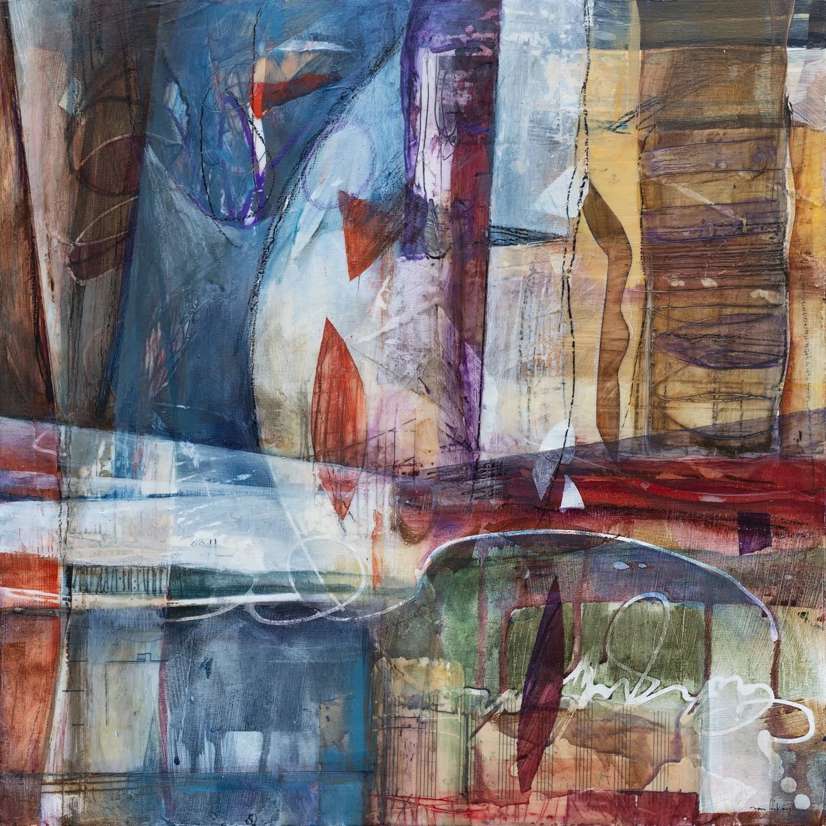 "Deck Plan," Acrylic, beeswax and collage on panel in white maple frame, 18 x 18 inches