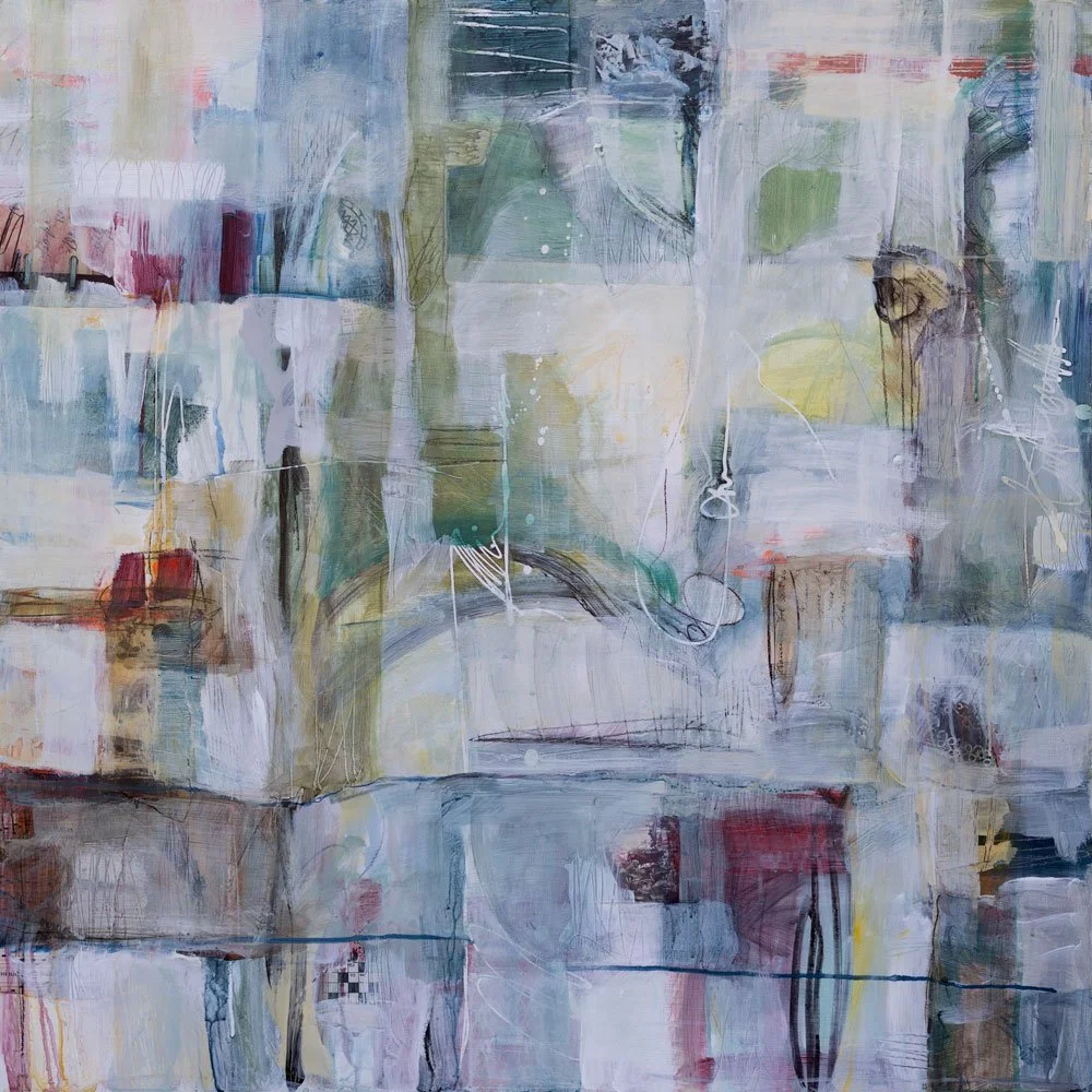 "93 Across," Acrylic, beeswax and collage on cradled wood panel, 36 x 36 inches