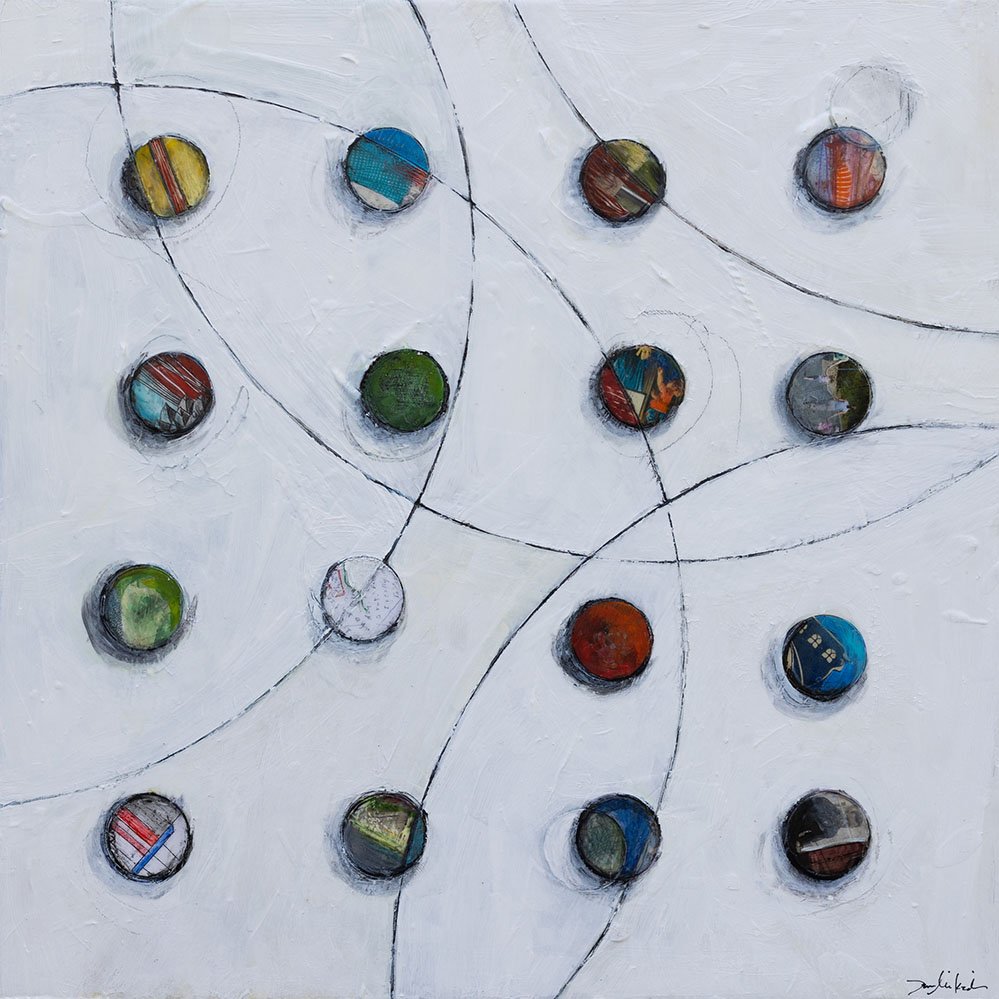 "Puntini," Acrylic, beeswax and collage on panel, 18 x 18 inches, sold