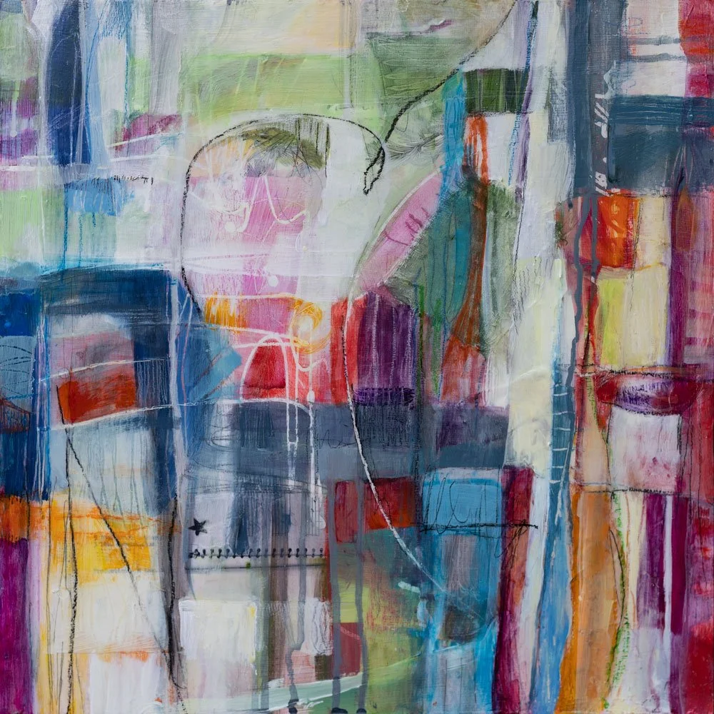 "Stella," Acrylic, beeswax and collage on wood panel in white maple frame, 18 x 18 inches