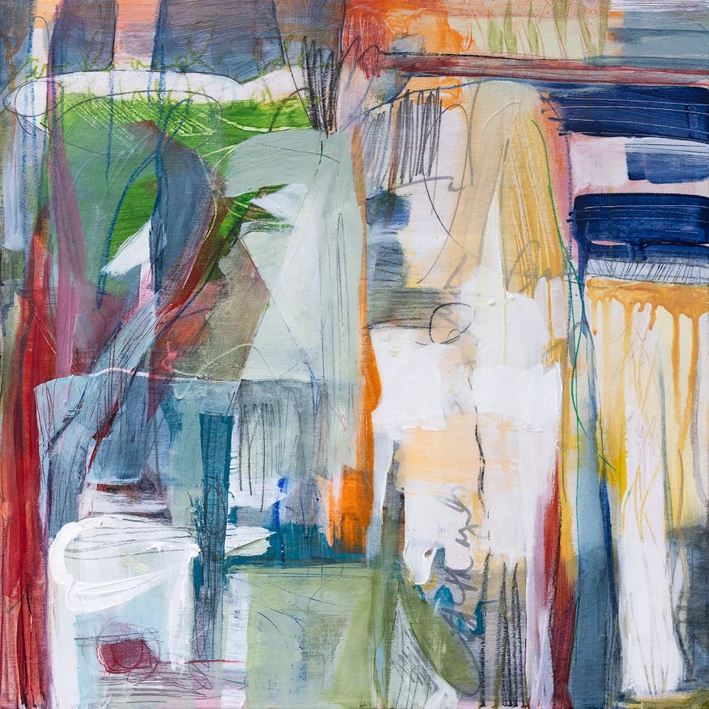 "Libere," Acrylic, beeswax and collage on panel, 18 x 18 inches, sold