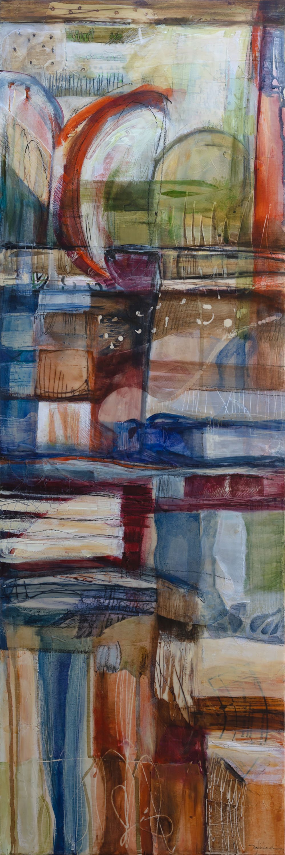 "Kiwi," Acrylic, beeswax and collage on panel, 48 x 16 inches, sold