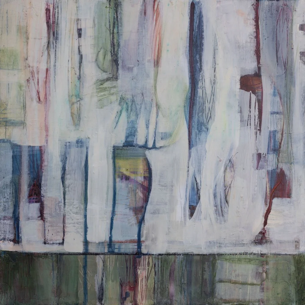 "Cruciverba," Acrylic, beeswax and collage on cradled wood panel, 12 x 12 inches