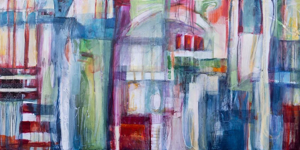 "Studenti" Acrylic, beeswax and collage on cradled wood panel, 24 x 48 inches