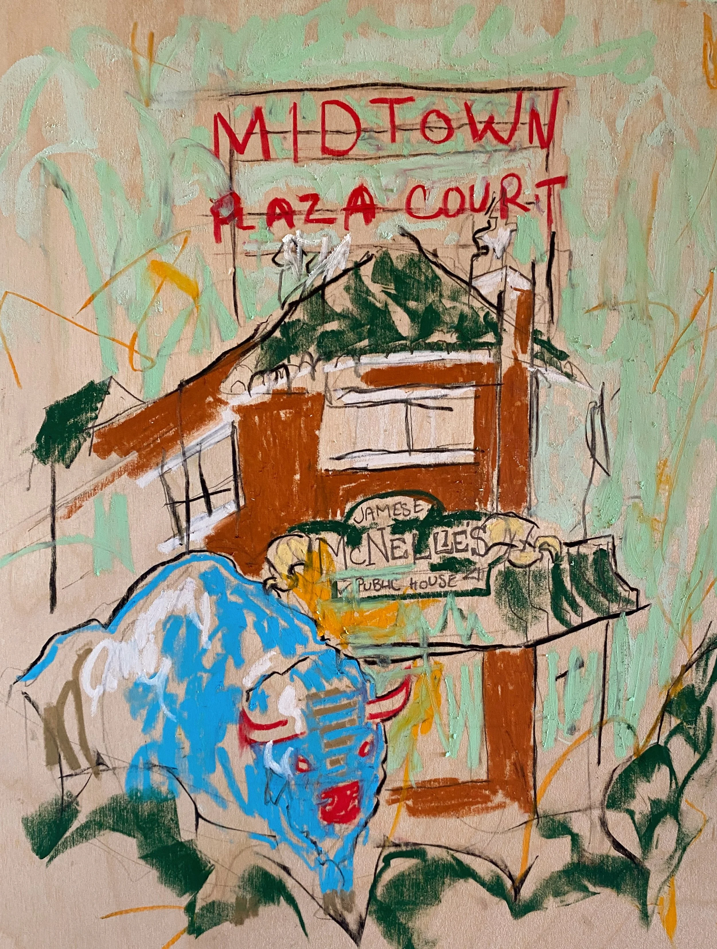 A colorful illustration of a street sign that reads 'Midtown Plaza Court.' The sign appears to be attached to a wooden post, with some greenery and decorative elements surrounding it. The style of the drawing is sketch-like and vibrant.