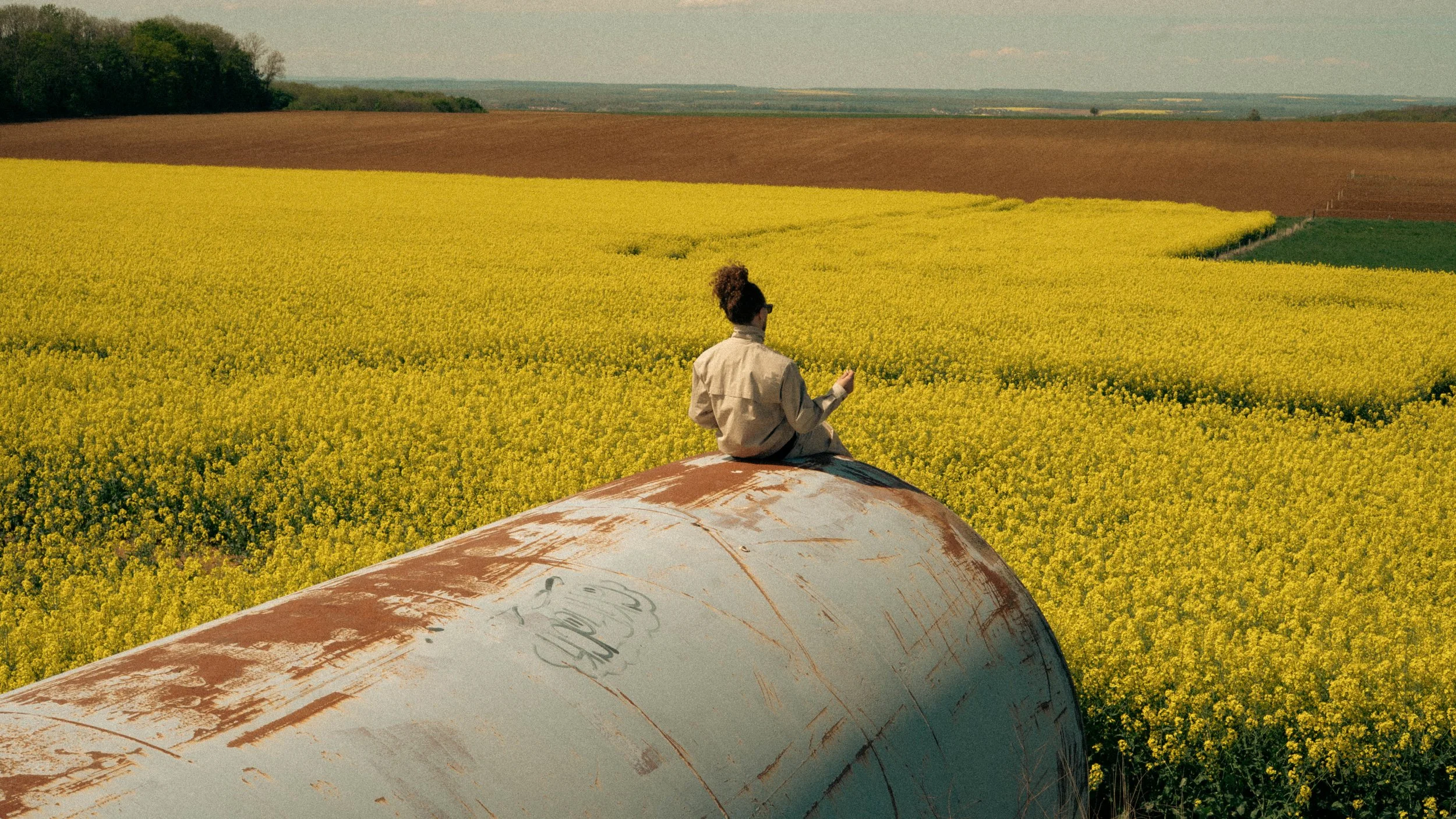 Une personne assise sur un grand réservoir rouillé dans un champ de fleurs jaunes sous un ciel dégagé.