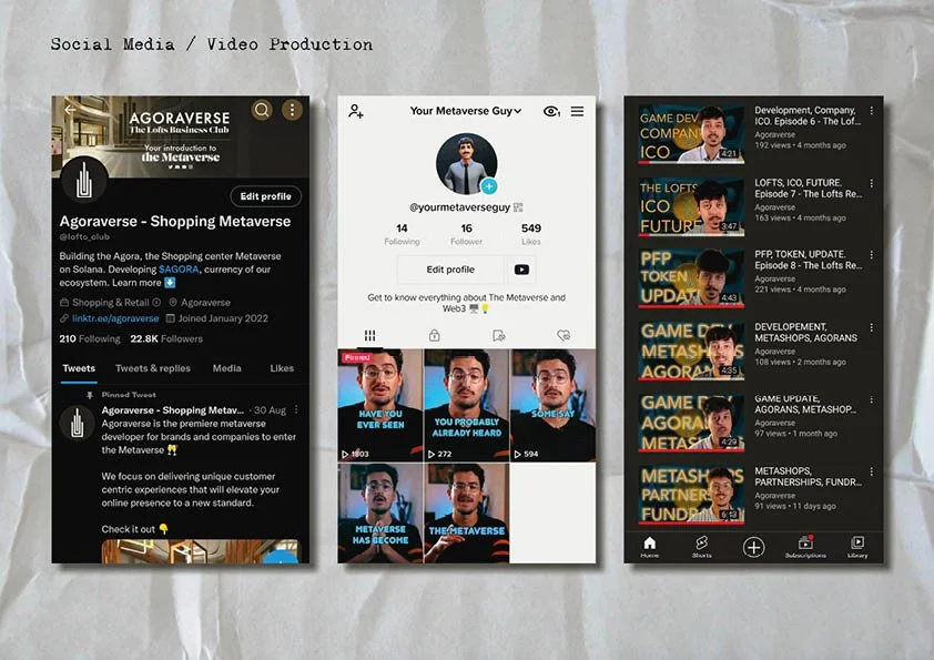 Trois captures d'écran de profils et vidéos liés au métaverse et aux jeux blockchain, avec des descriptions en anglais et des images montrant des personnes et des logos.
