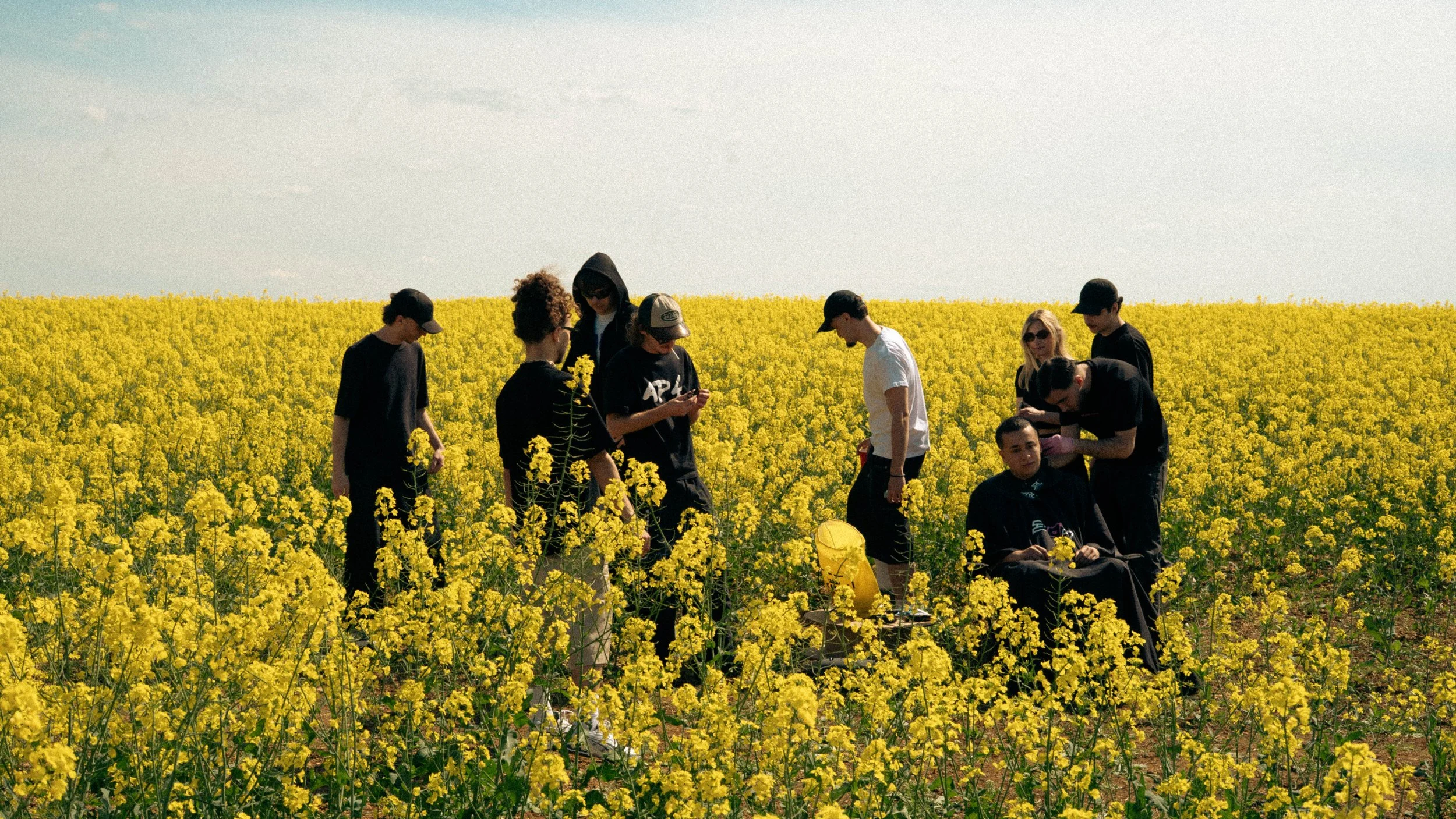 Groupe de jeunes gens dans un champ de fleurs jaunes sous un ciel clair.