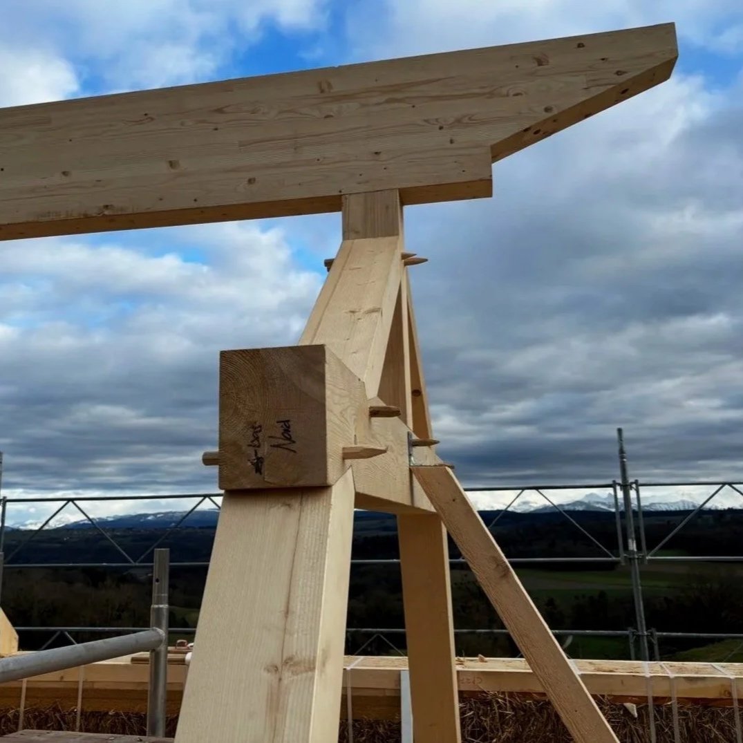 Structure en bois en cours de construction avec des poutres et un contreventement, sous un ciel nuageux, avec un paysage de montagnes et de champs en arrière-plan.