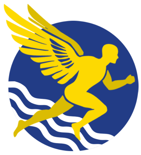 A logo featuring a yellow winged human figure running across a dark blue circular background with white wavy lines.