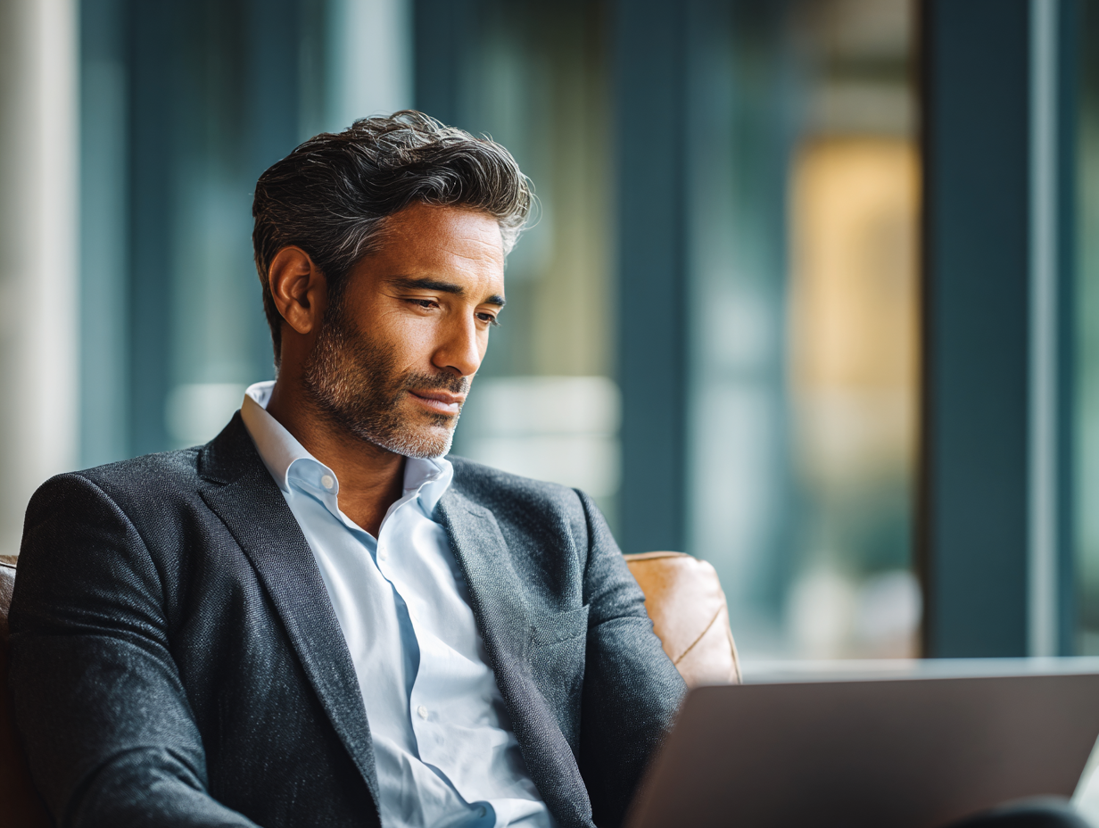 A middle-aged man with gray hair and a beard, dressed in a dark suit and white shirt, sitting on a leather chair indoors, looking at a laptop with a focused expression.