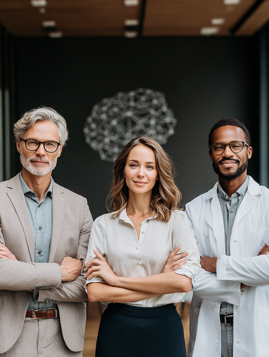 Three professionals standing with arms crossed in an office setting, in front of a wall with abstract geometric art.
