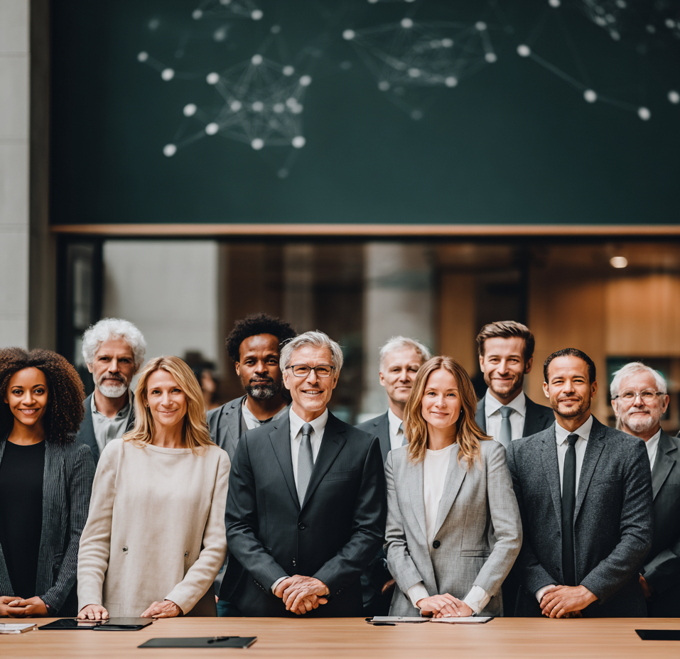 Group of diverse professionals in business suits standing together in a modern conference room.