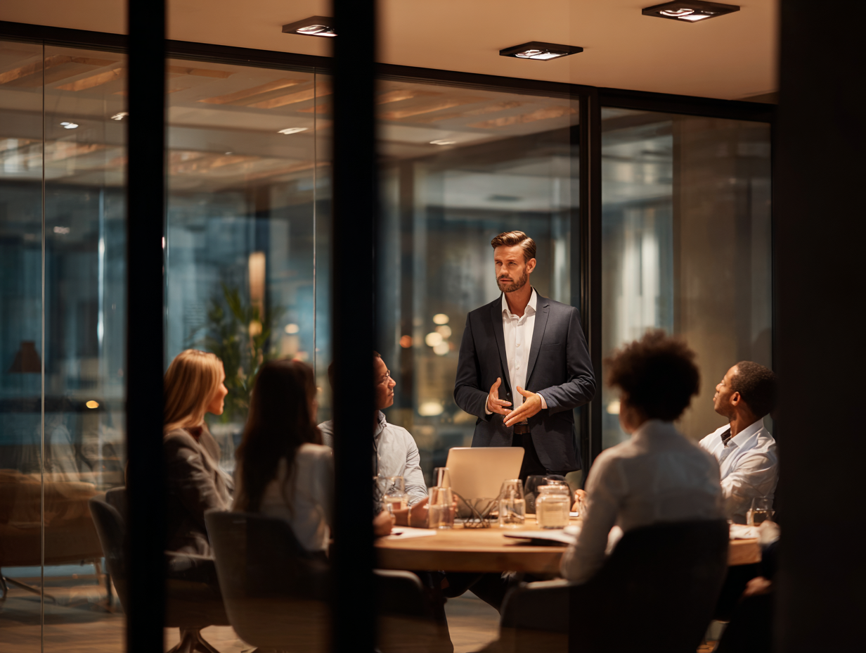 A man in a dark suit stands at the head of a conference table, speaking to five women and one man seated around the table in a modern office conference room.