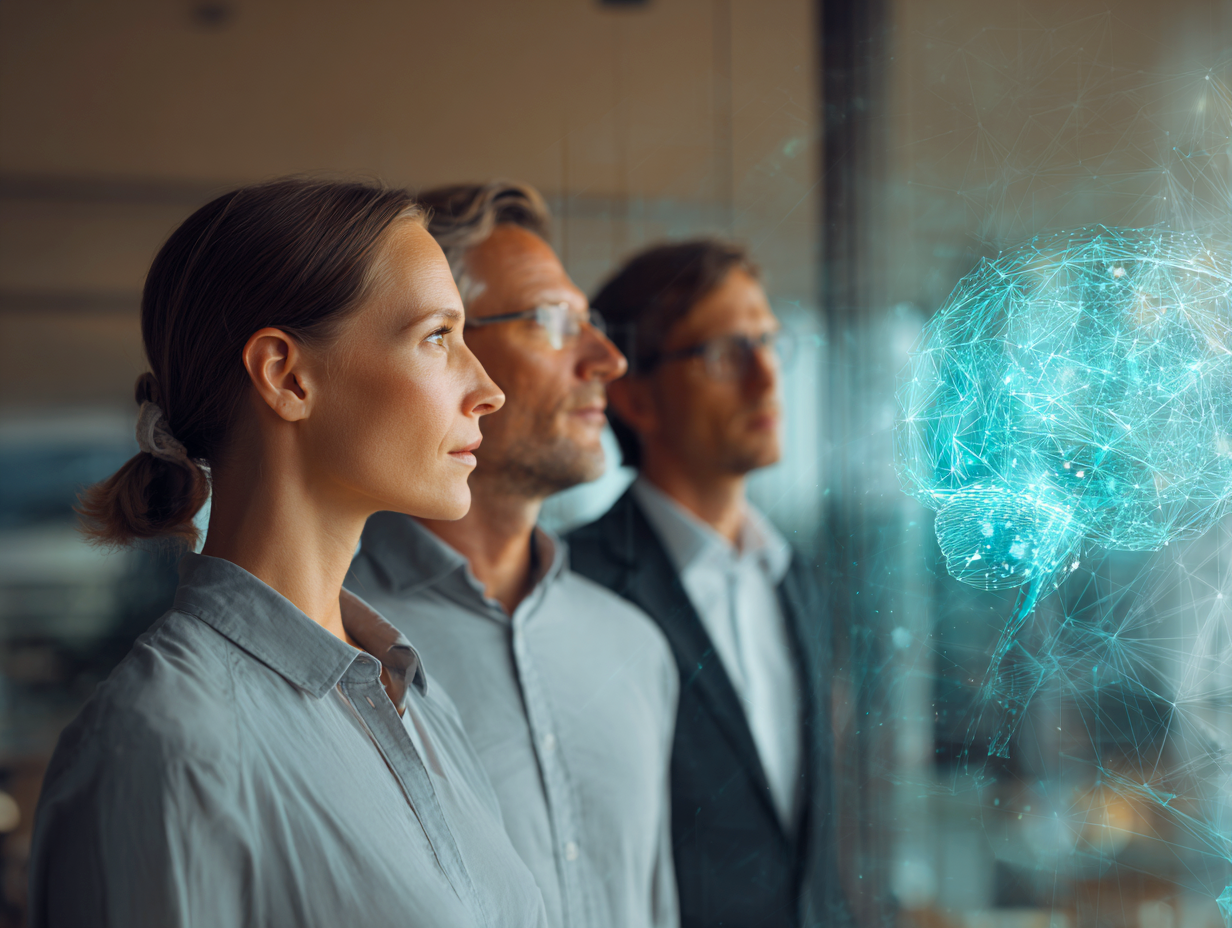 Three diverse professionals looking at a digital hologram of a brain in a modern office setting.
