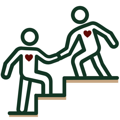 Two simplified figures with heart symbols on their chests, holding hands and helping each other up a staircase.