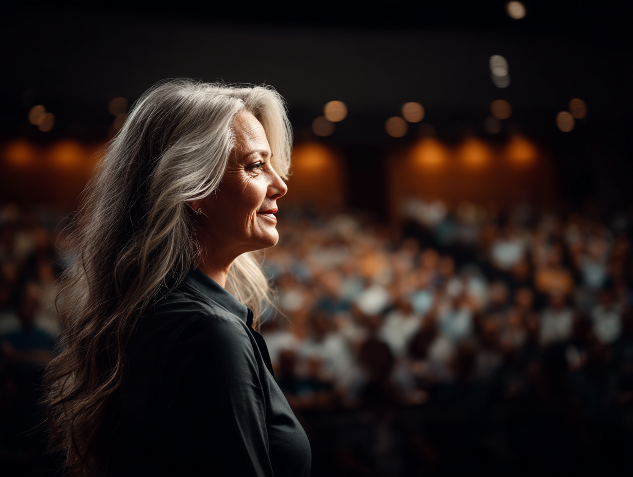 A side-profile of a mature woman with long gray hair standing near a stage in a large auditorium filled with an audience.