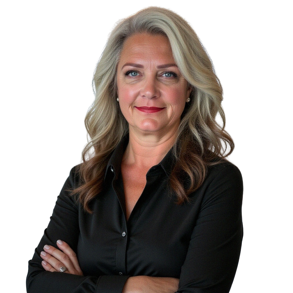 A confident middle-aged woman with long, wavy, blonde hair and blue eyes posing with her arms crossed, wearing a black button-up shirt, against a plain white background.