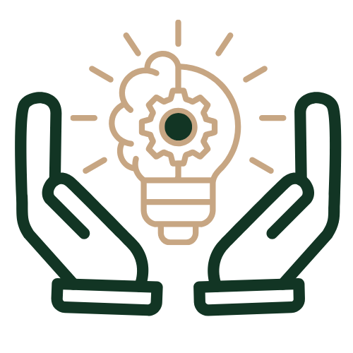Two hands holding a lightbulb with a gear inside and a brain outline, symbolizing innovation and ideas.