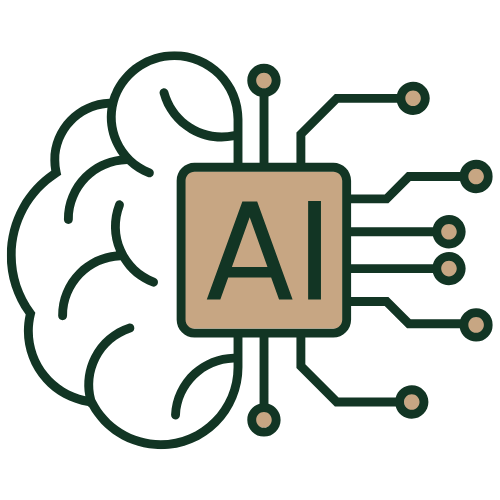 Icon of a brain with a circuit board and a central processing unit labeled 'AI'