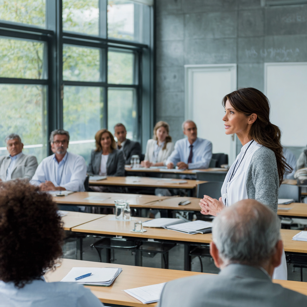 A woman is speaking to a group of business professionals in a modern conference room with large windows and natural light.