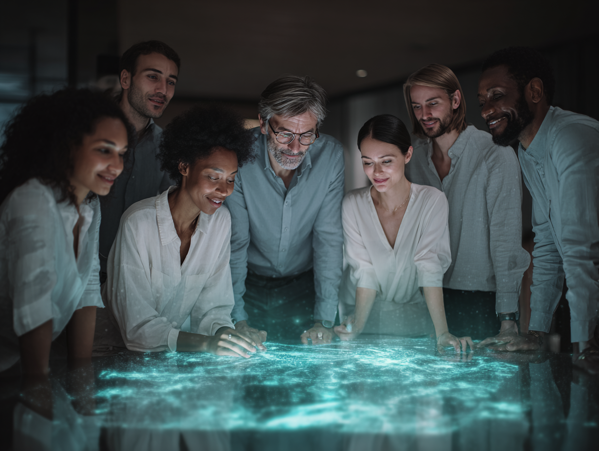 Group of people gathered around a table with a holographic digital map projection.