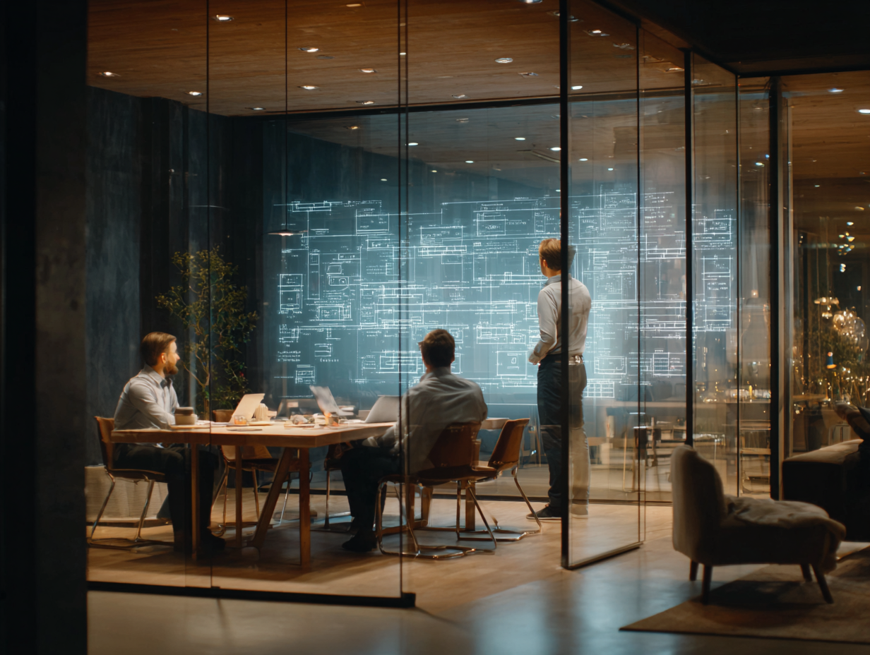 Three men in a modern glass-walled conference room with a large digital blueprint display on the wall, working on laptops and discussing plans.