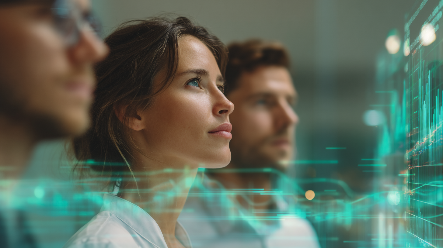 Three people looking at a digital data display or hologram with a futuristic interface.