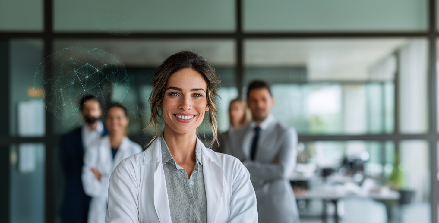 Smiling female doctor in front of a team of medical professionals in a modern office.