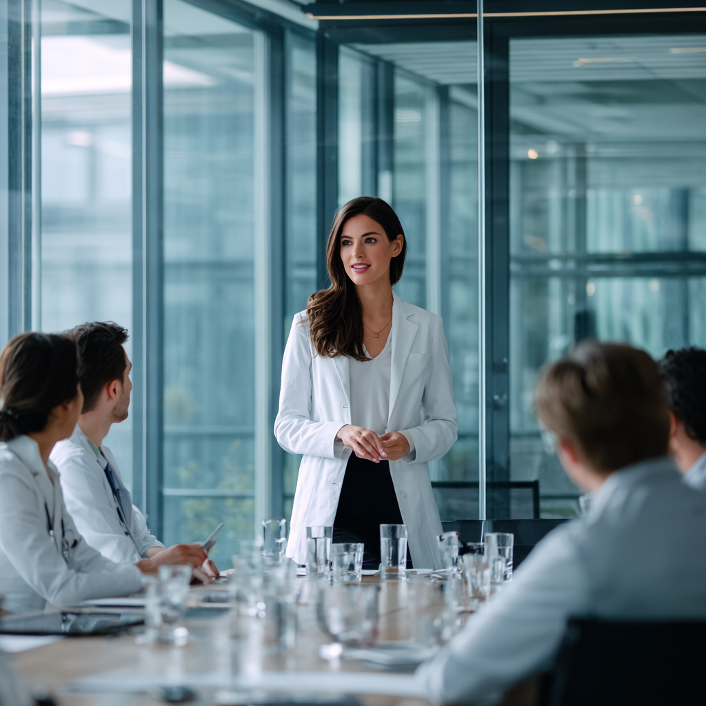 A woman in a white blazer giving a presentation to a group of professionals in a modern conference room with glass walls.