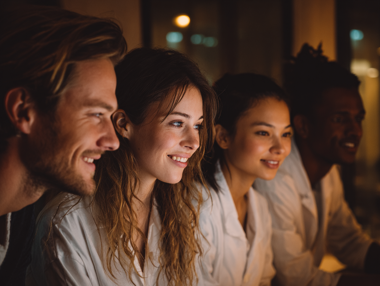 Four friends sitting in a row, smiling and looking at a screen in a warmly lit setting.