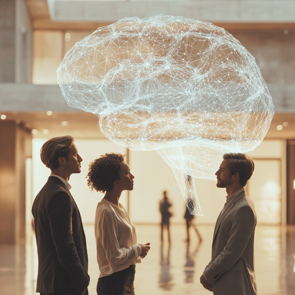 Three business people standing in a modern indoor space with a digital brain hologram between them.