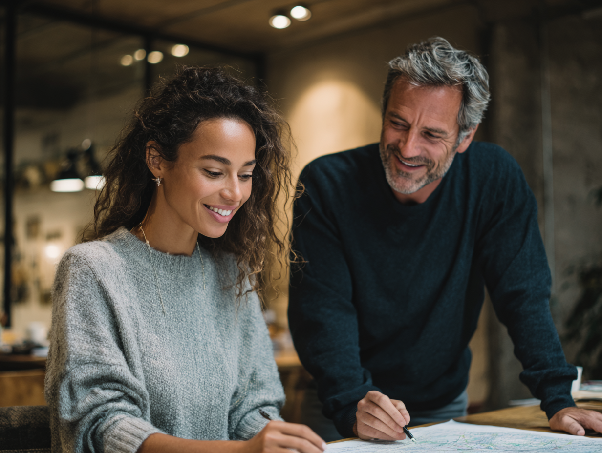 A woman and a man are smiling and looking at a map spread out on a table while standing in a cozy indoor setting.