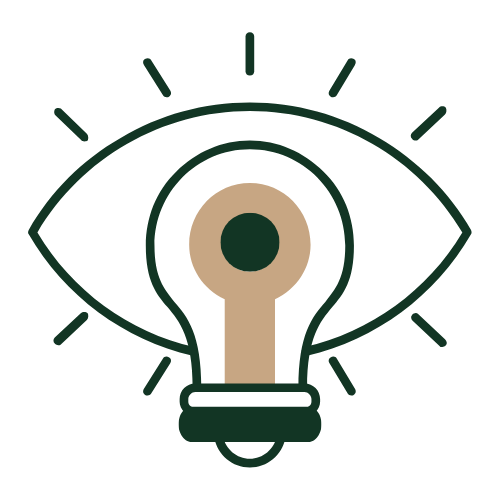 A stylized illustration of an eye with a light bulb inside, symbolizing insight or ideas.