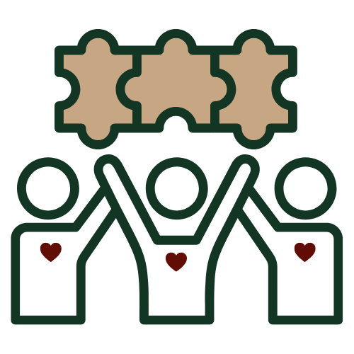 Illustration of three people with hearts on their chests, holding up puzzle pieces.