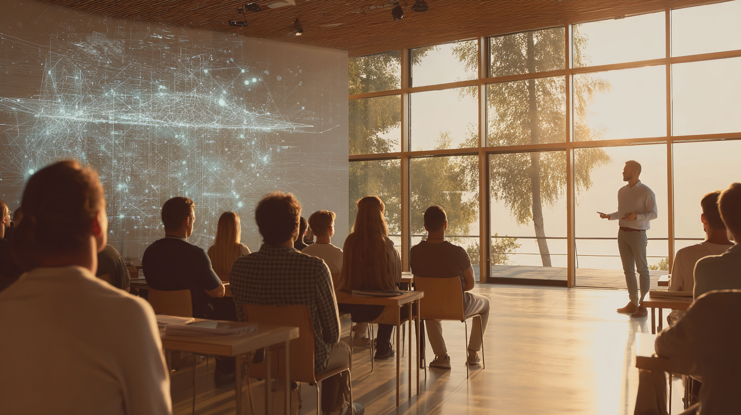 A group of people attending a seminar or conference in a bright room with large windows and a view of trees, as the presenter discusses digital or technological concepts projected on a large screen.
