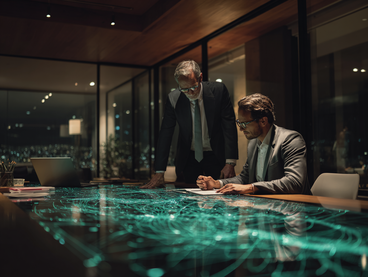 Two businessmen in suits discussing a digital map or blueprint on a large table in a modern conference room at night.