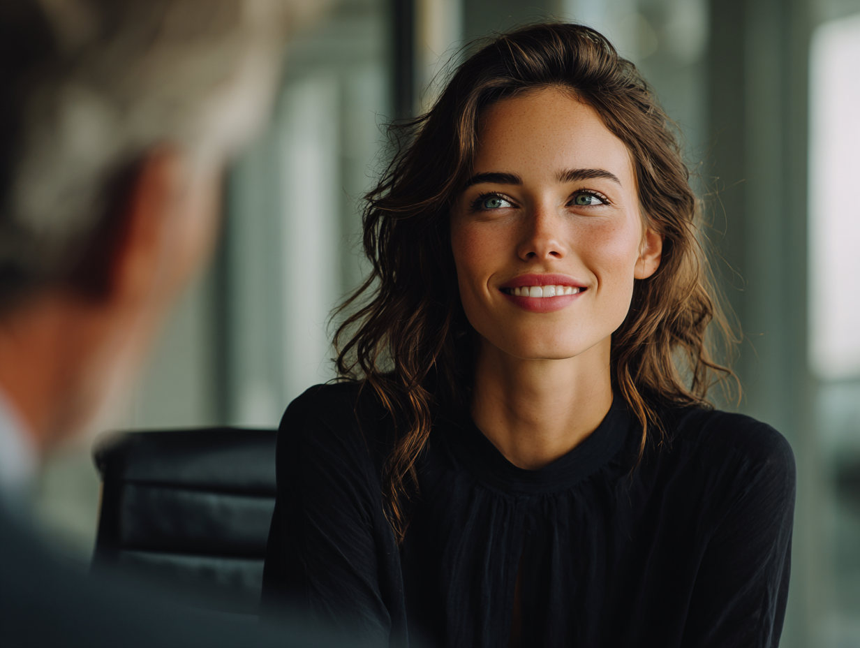 A young woman with wavy brown hair and blue eyes smiling in an office setting.