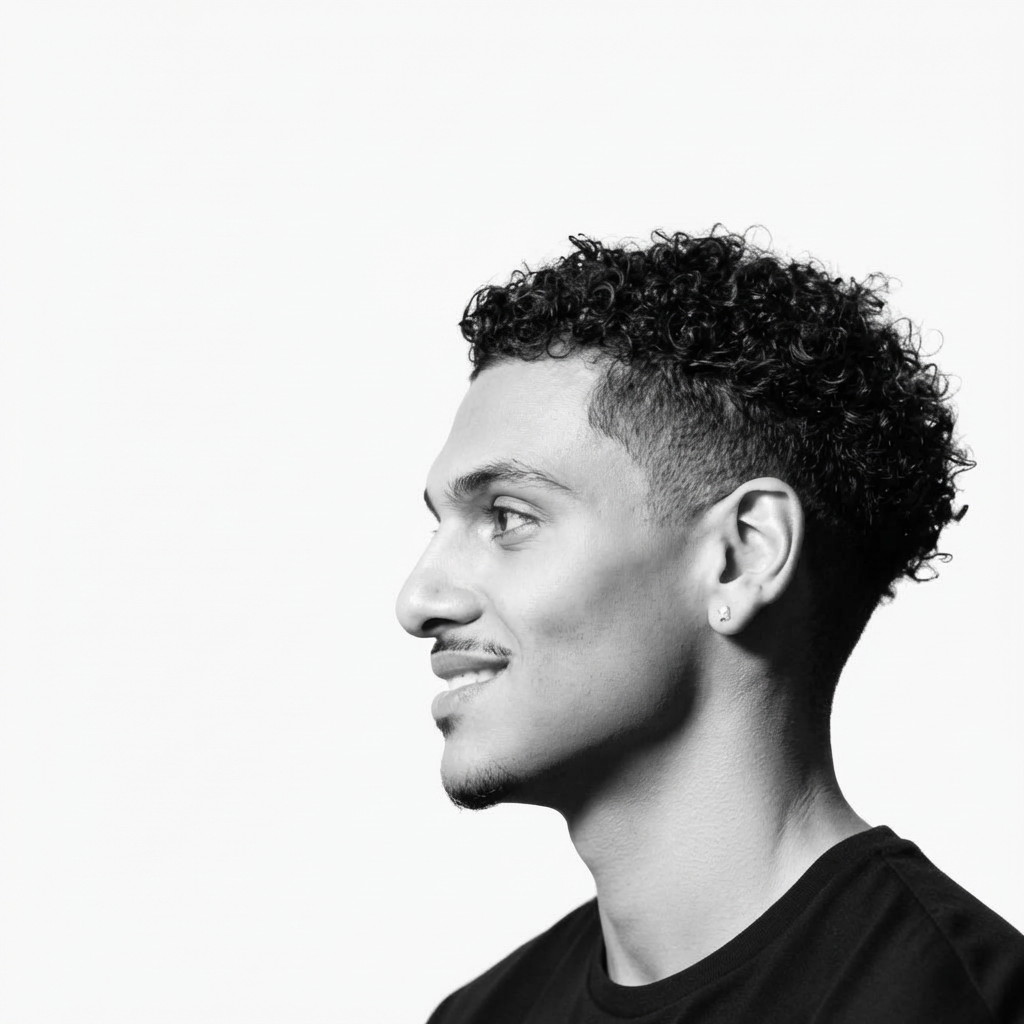 Black and white profile photo of a young man with curly hair, wearing a black shirt, looking to the left.