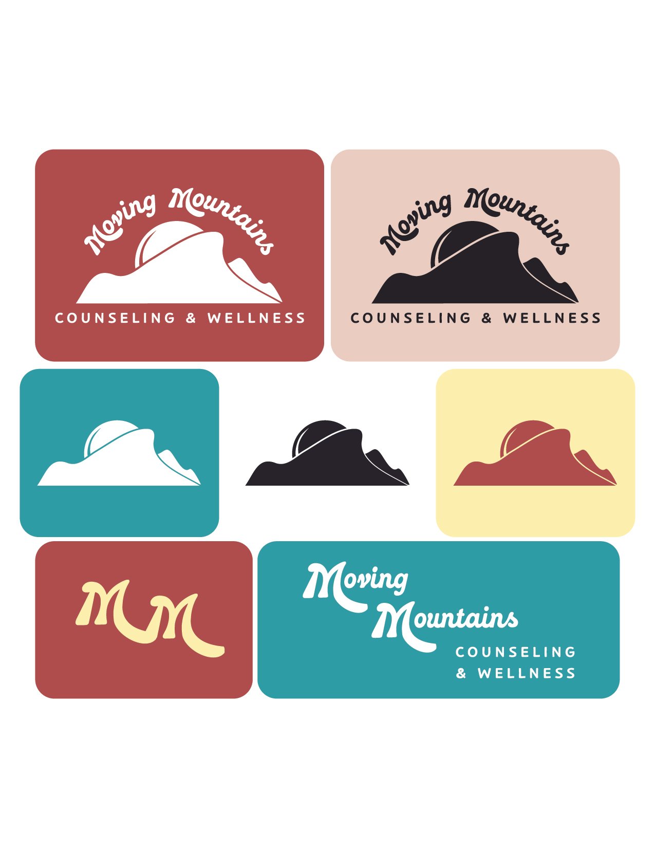 Collection of logos for Moving Mountains Counseling & Wellness, featuring mountain illustrations in different colors and styles with the company name.