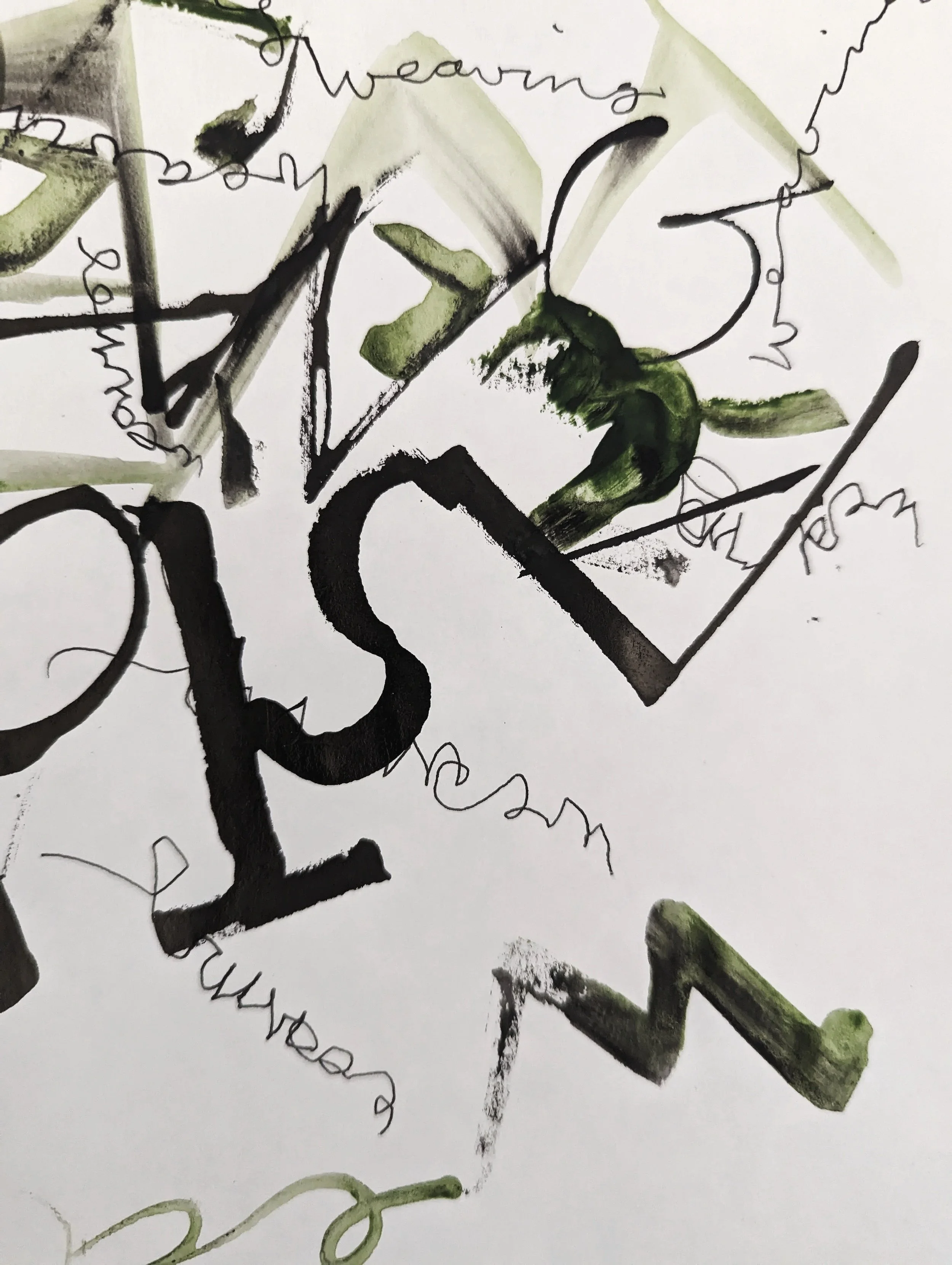 Abstract mixed media artwork featuring black ink brushstrokes, green paint, and handwritten cursive words and patterns on white paper.