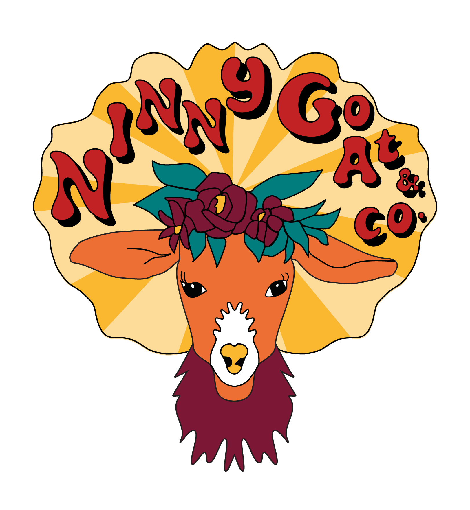 Illustration of a deer's head with large floral arrangement and text that reads "NINY GO N'Y GO AT & CO"