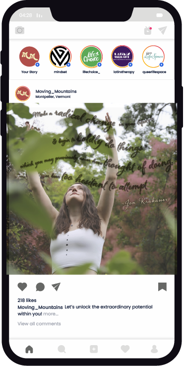 Instagram post featuring a woman outdoors with arms raised, surrounded by trees and greenery, with overlaid handwritten quote.