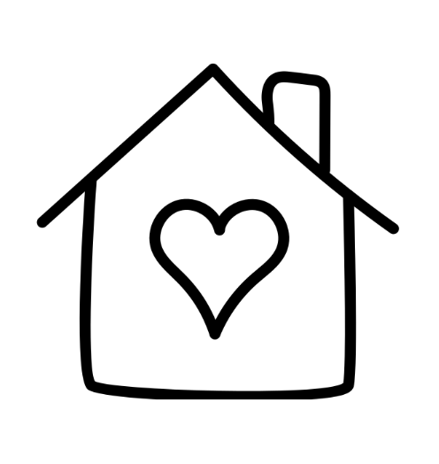 A simple black and white line drawing of a house with a heart on the front.