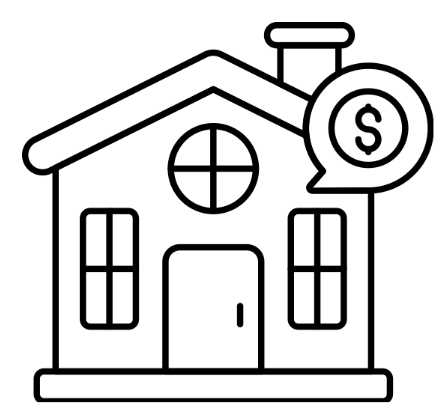 Line drawing of a house with a circular window, a door, and two windows, and a dollar sign in a circle.