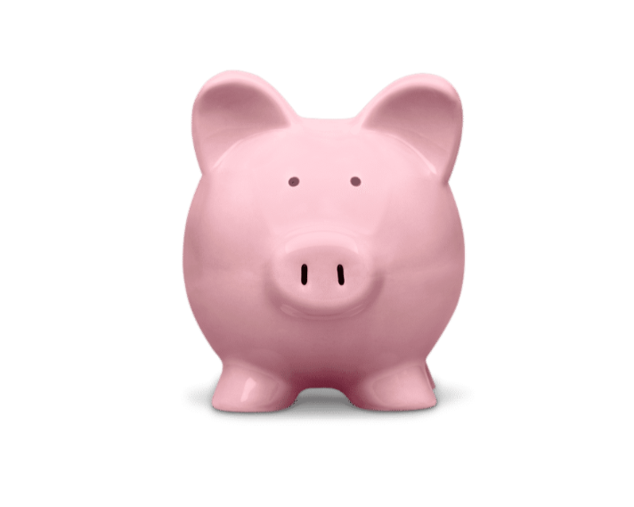 Pink ceramic piggy bank with a rounded body, two ears, and small black eyes, positioned against a white background.