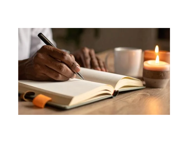 A person's hand writing in an open notebook with a pen, surrounded by a candle, a mug, and another lit candle on a wooden surface in a cozy setting.