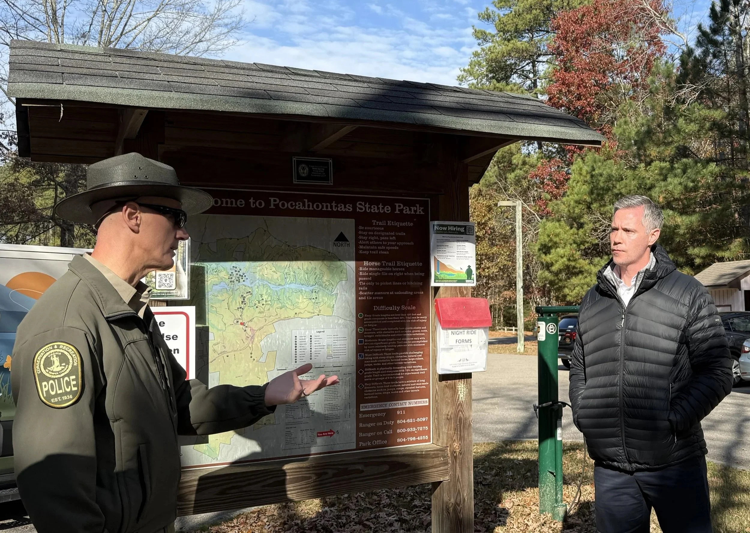 Senator Glen Sturtevant speaks with Nathan Clark, park manager at Pocahontas State Park