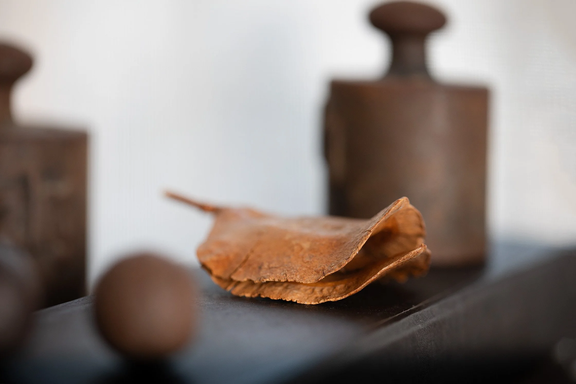 Verwittertes Stück Kupfer auf einer schwarzen Oberfläche, mit metallischen Gegenständen im Hintergrund.
